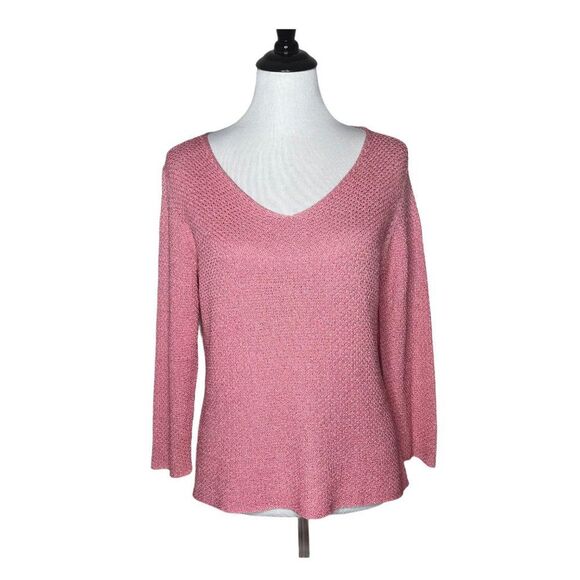 Eileen Fisher Crochet Knit Blouse Women Size‎ S Pink Italian Yarn V Neck Top - Picture 1 of 12